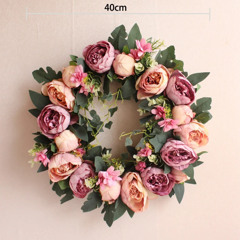 

Artificial Peony Flower Wreath 15.7" Silk Peonies Large Wreaths Flower Green Leaves for Front Door Wedding Wall Or Window Décor