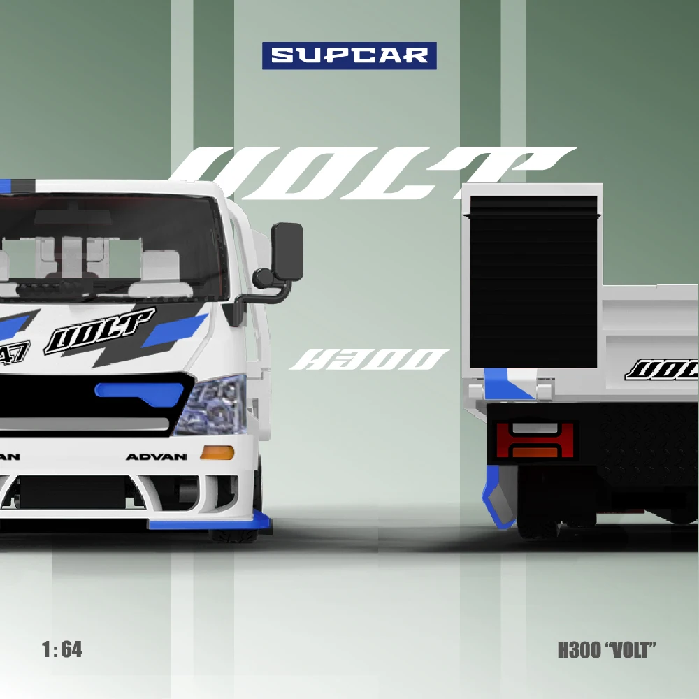Фото Коллекционная модель автомобиля SUPCAR 1:64 H300 Flatbed Transport Trailer ADVAN VOLT, сине-белая ливеринговая расцветка, имитация, литая под давлением, из сплава. №2