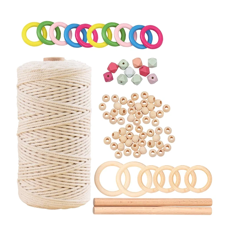 

Набор для макраме, хлопковая веревка для макраме, набор для макраме с деревянными кольцами, Деревянными Палочками и деревянными бусинами, д...