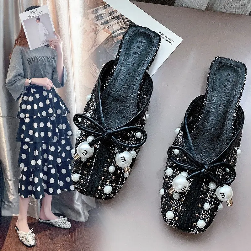 

Fashion large size sandals and slippers spring and summer beaded bow lazy flat toe head half drag women slippers women