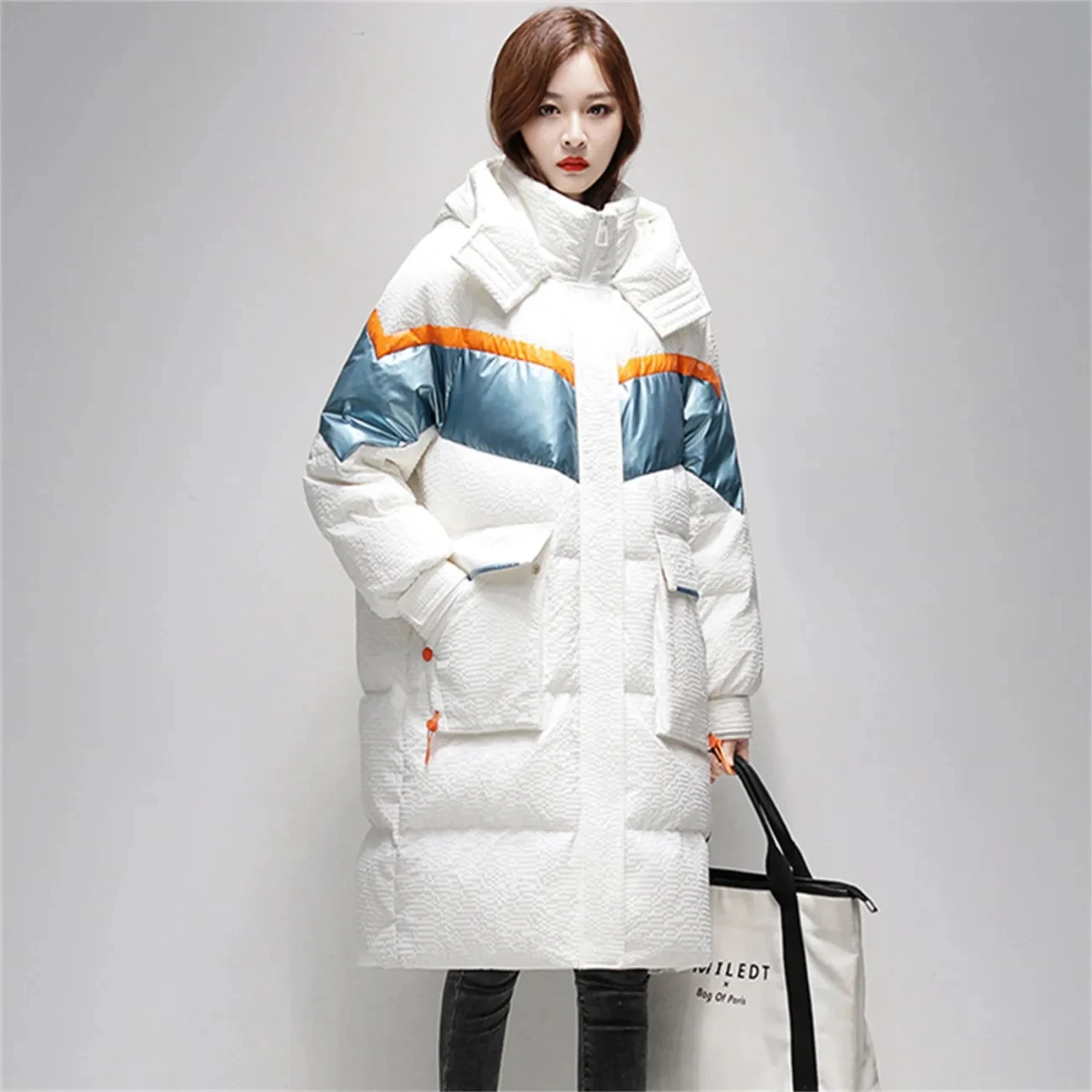 

Stitching White duck Down Jacket Women's 2022 Winter New Casual Thicken Loose Hooded Down Coat Female Warm Long Parkas Overcoat