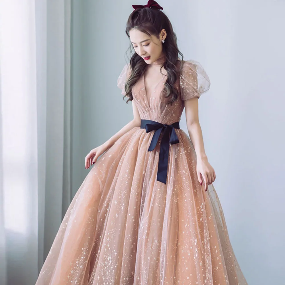

Princess Ball Gowns Star Glitter Tulle Evening Dresses 2022 Deep V-Neck Floor-Length Backless Women Formal Gowns For Prom