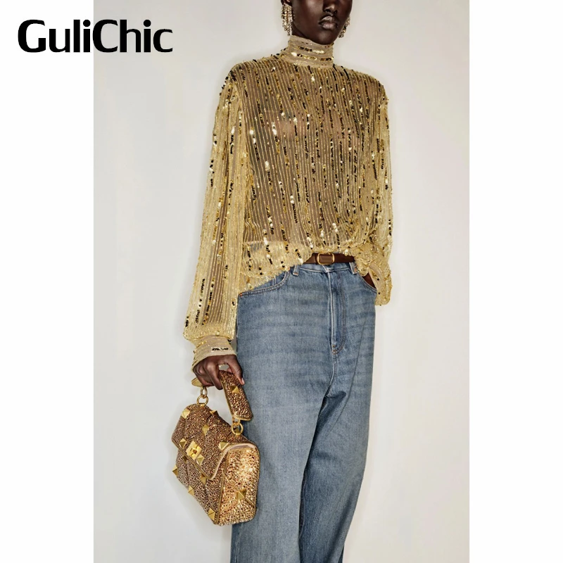 

1.13 GuliChic Luxury Sexy See Through Mesh Heavy Industry Sequins Hollow Out Blouse Women