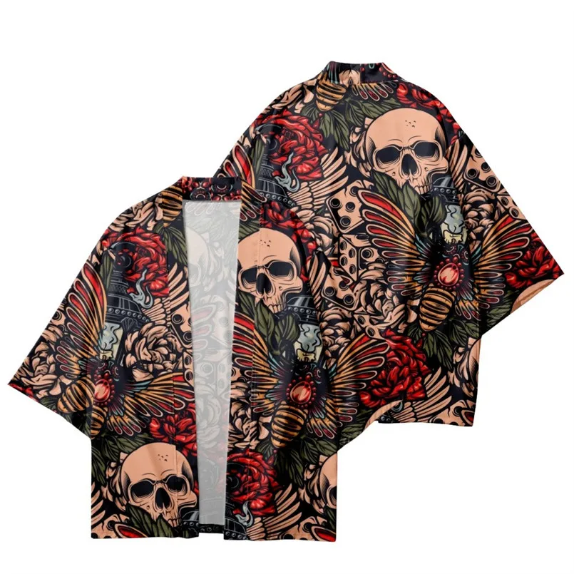 

Japon Streetwear kimono gömlek erkekler/kadnlar yaz japon Harajuku korku kafatas erkek ifon gömlek Casual kimono hrka