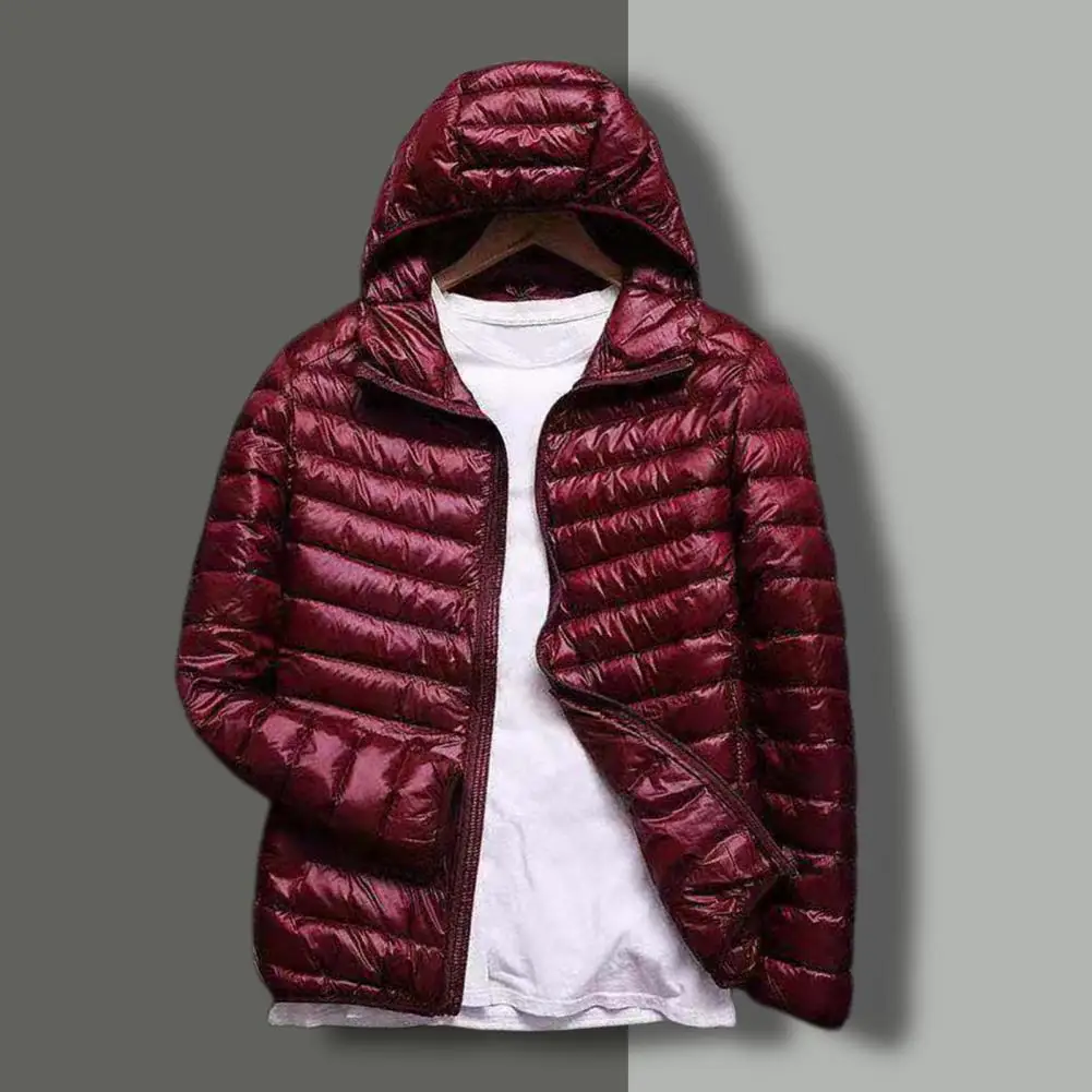 

Winter Men Coat Ultra Lightweight Hood Solid Color Thin Cotton Padded Zipper Jacket Overcoat Male Clothing Streetwear