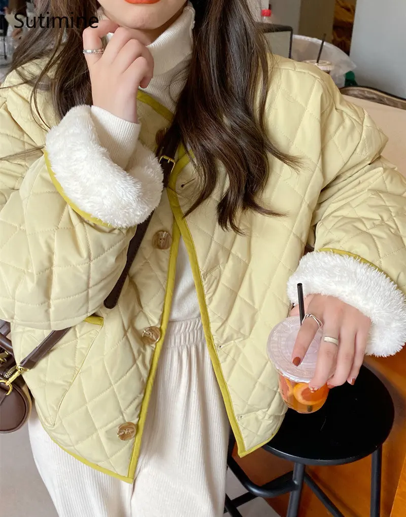 Autumn and Winter Coat Women Sweet Button Pockets Collarless Loose Soft Cotton Lamb Coat Wide-waisted  Winter Coat Women