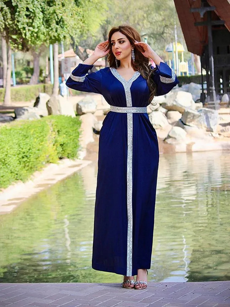 Satin Maxi Dress For Women Turkey Arabic Diamond V Neck Long Sleeve Jalabiya Muslim Islamic Ethnic Dubai Abaya Party Robe New