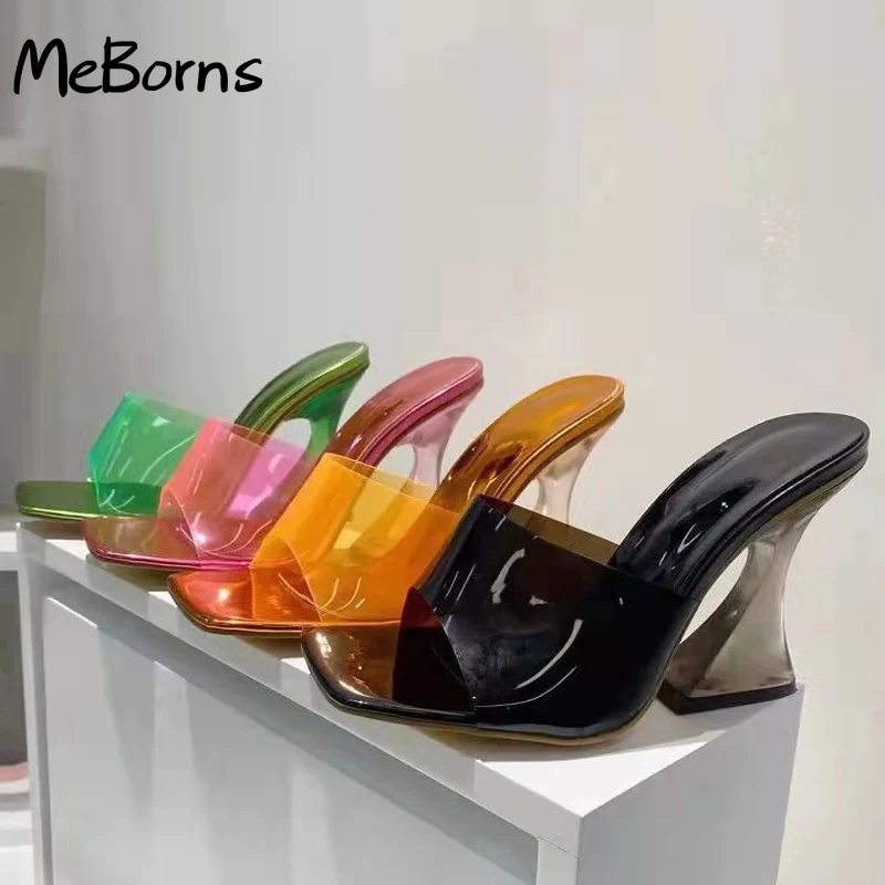 

2022 New Clear Slippers Women Heels Sexy Square Toe High Heeled Shoes Fashion Green PVC Transparent Jelly Sandals Size 35-42
