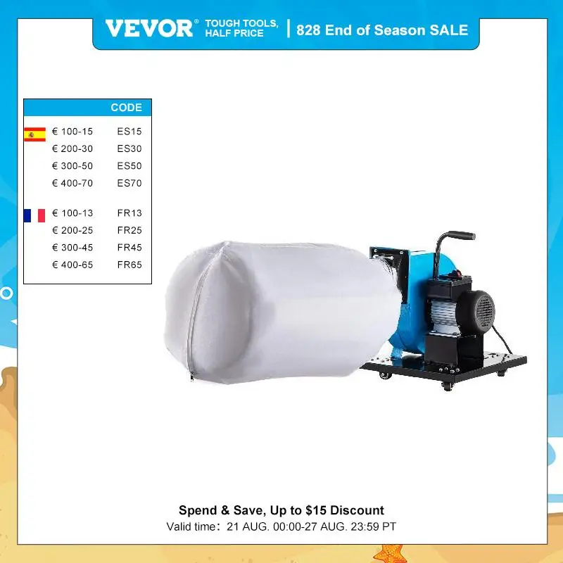 VEVOR Industrial Portable Mountable/Wheeled Dust Collector 1HP 15Gallon 537CFM Filtration Bag Woodworking Vacuum Cleaner Machine
