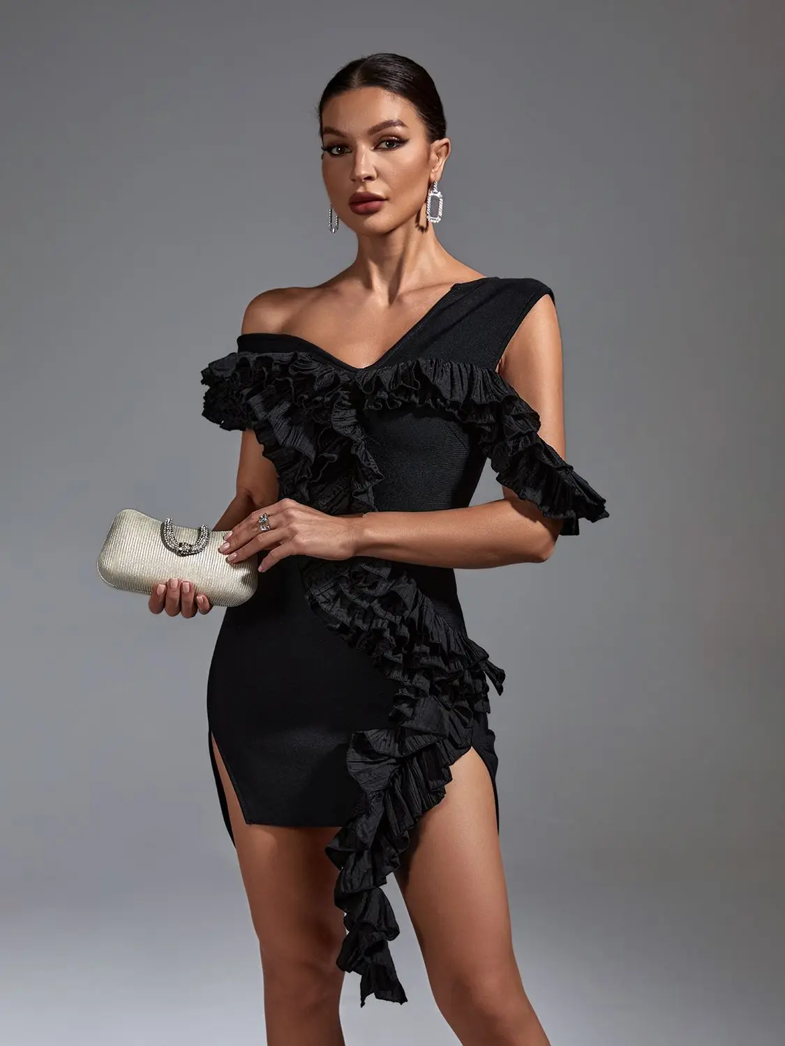 

Black Bandage Dress Women Short Party Dress Bodycon Elegant Ruffle One Shoulder Sexy Evening Birthday Club Outfits Summer 2023
