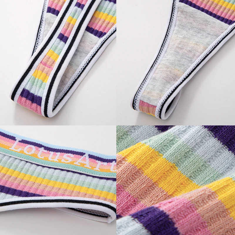 Women Cotton Colorful Stripe Panties Sexy Underwear G-String Rainbow Thong Soft Underpants Female Breathable Intimates Lingerie