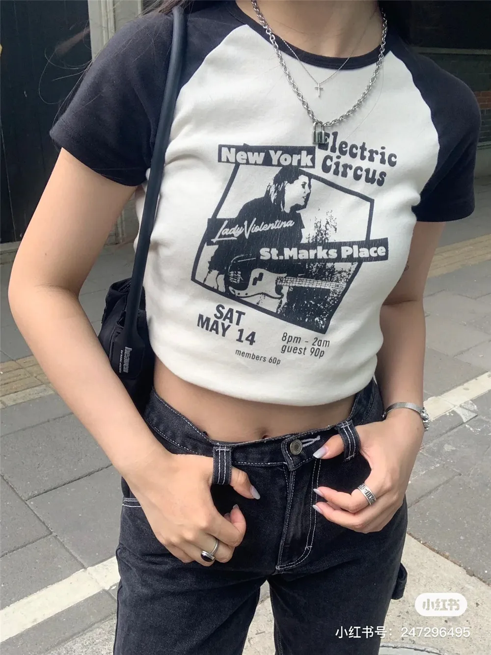 

Brandy girl BM Pure American Vintage Guitar Print Raglan Sleeve Short Sleeve