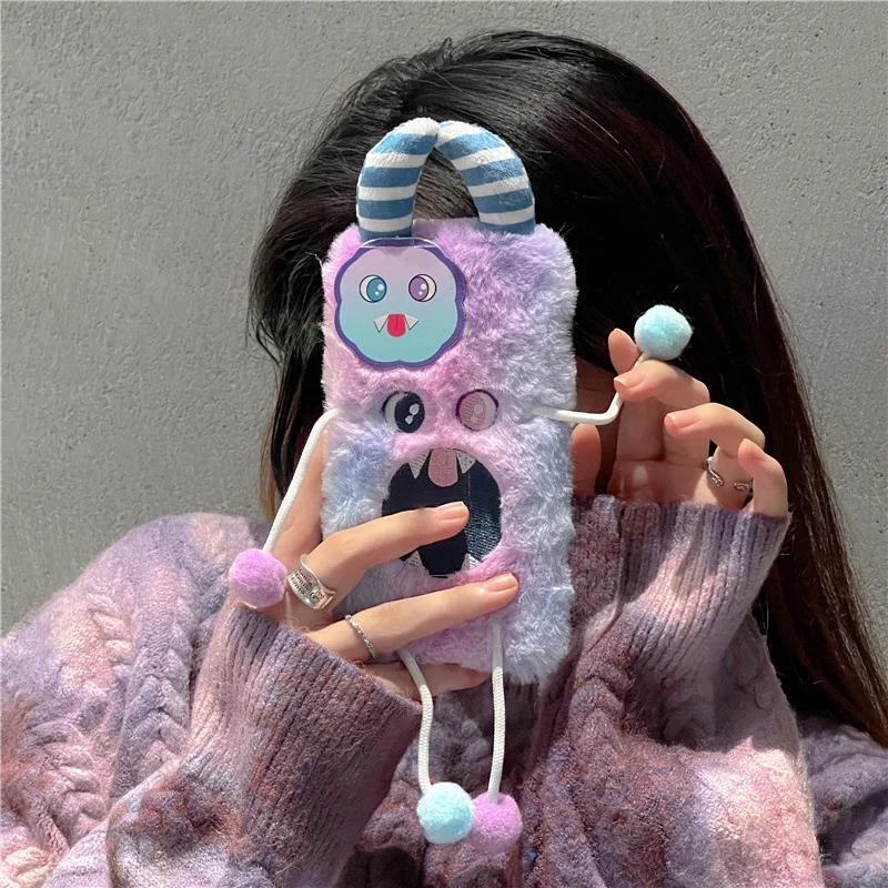 

Ins милый 3D плюшевый градиентный чехол с зеркалом в форме монстра для IPhone 13 12 11Pro 14 Plus защитный чехол для телефона с защитой от падения