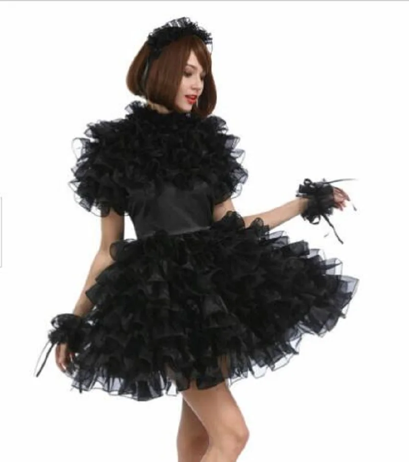 Милое пушистое платье из черной атласной органзы для косплея |