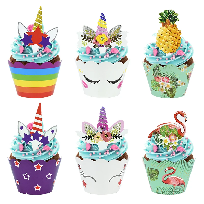 

12set Cartoon Unicorn Flamingo Cupcake Wrappers Cake Topper Birthday Party Cake Decorations Kids Baby Shower Supplies
