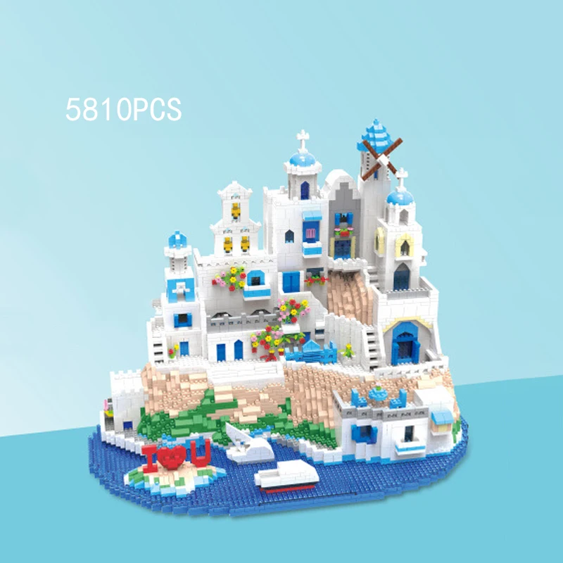 

Europe World Famous Tourist Attractions Micro Diamond Block Greece Aegean Sea Santorini Nanobrick Architecture Build Brick Toy