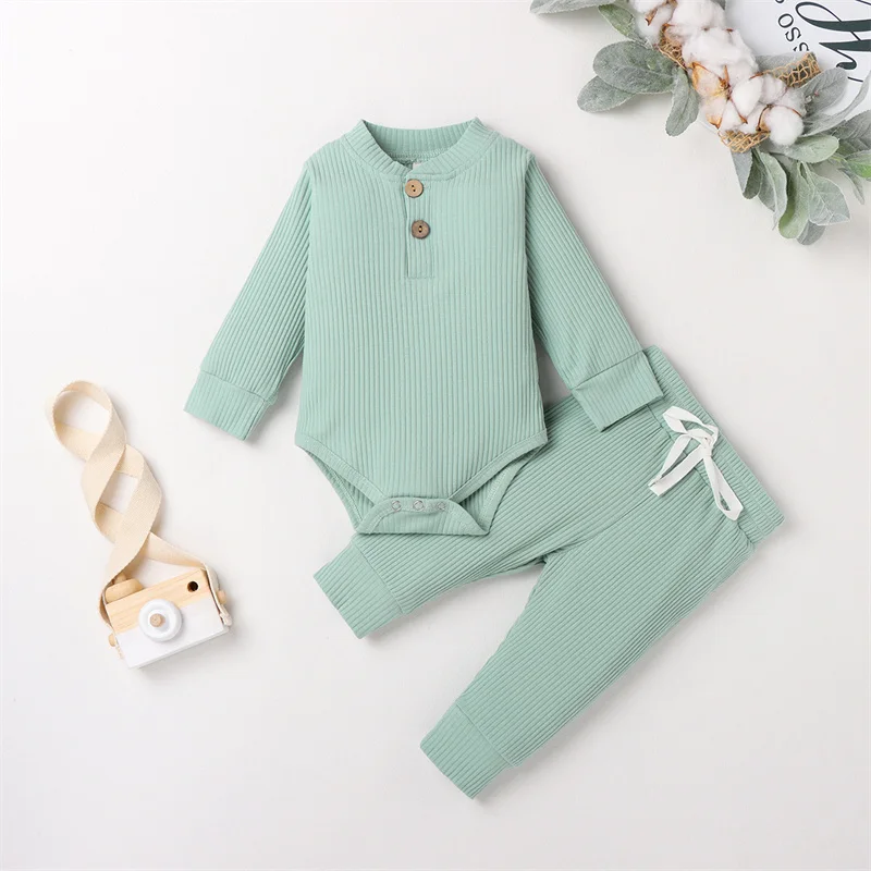

Infant Newborn Baby Girl Boy Spring Autumn Ribbed/Plaid Solid Clothes Sets Long Sleeve Bodysuits + Elastic Pants 2PCs Outfits