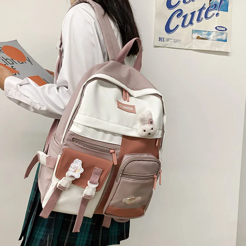 

New Nylon Women Backpack Fashion Panelled Large Capacity Student Bookbags 2021 Casual Travel Backpack For Teenaager Girls