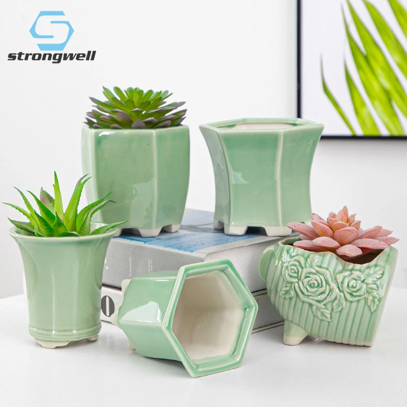 

Strongwell Geometric Three-dimensional Ceramic Succulent Flower Pot Antique Breathable Micro-landscape Green plant Gardening Pot