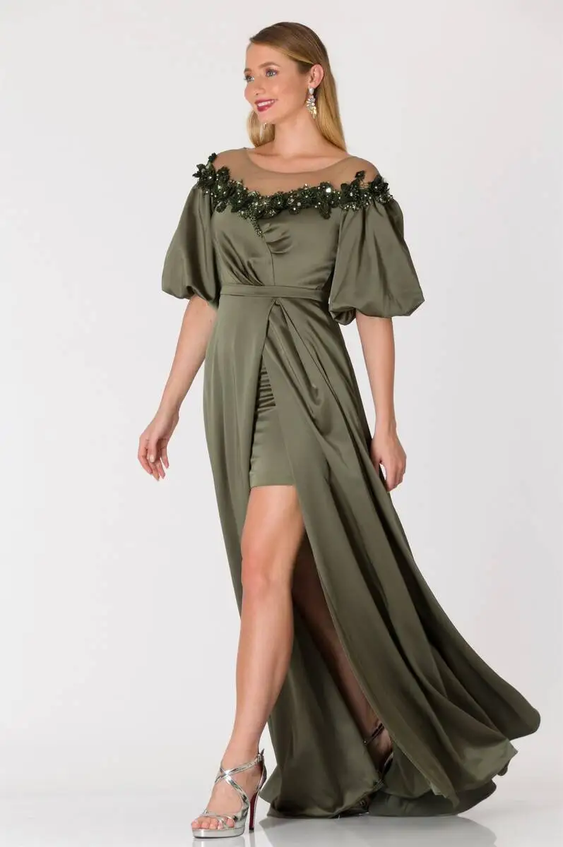 

Women's Collar Detailed Balloon Sleeve Satin Evening Dress Khaki