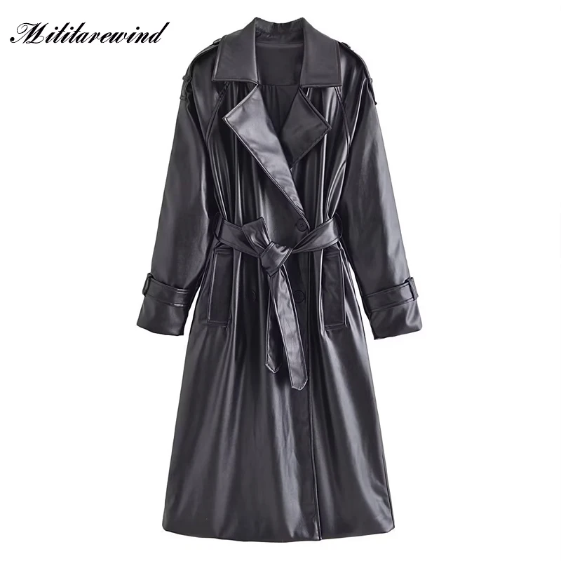 

Куртка женская из искусственной кожи с ремнем, повседневный мешковатый свободный жакет-бойфренд из искусственной кожи с отложным воротником, уличная одежда, черная верхняя одежда