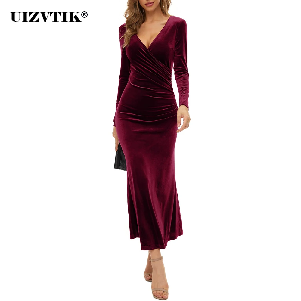 

Sexy V Neck Evening Club Party Mermaid Dresses for Women 2022 Autumn Winter Vintage Long Sleeve Velvet Office Midi Dress Vestido