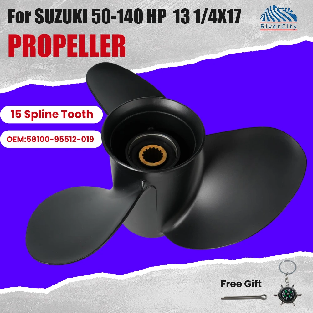 Фото Гребной винт для лодки 13 1/4 x 17 для подвесных моторов SUZUKI DF60, 70, 90, 100, 115, 140 л.с., алюминиевый, 3-лопастной, 15 зубьев №1