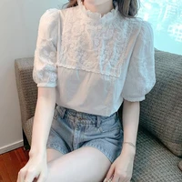 solid puff sleeve lace patchwork shirt fashion pullover stand collar casual all match slim blouses summer womens clothing 2022