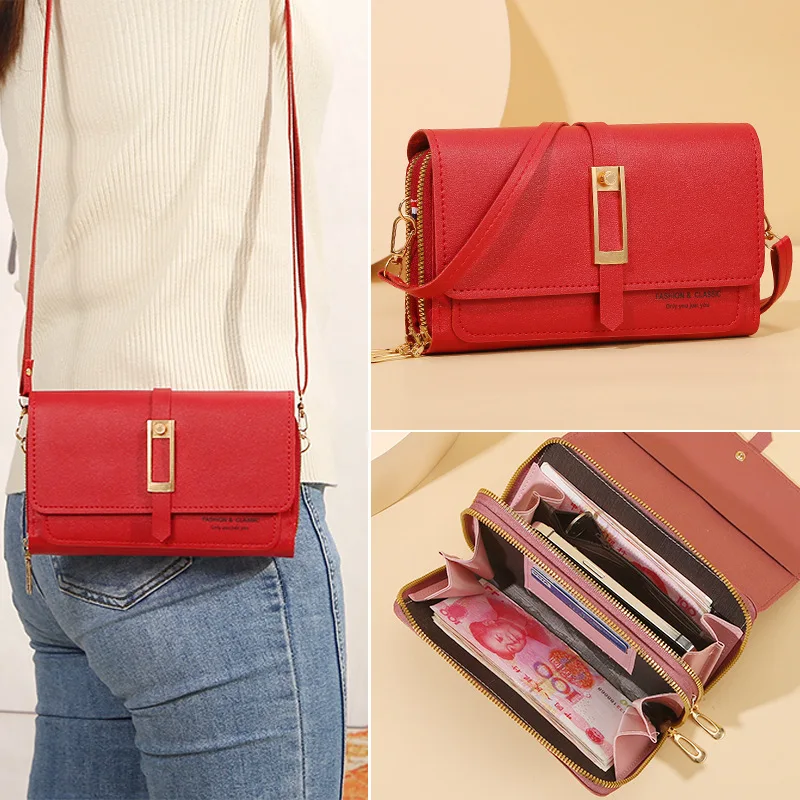 

Women Bags Soft Leather Wallet Double Zipper Shoulder Bag High Quality Multi-layer Crossbody Bag Fashion Ladies Cell Phone Purse