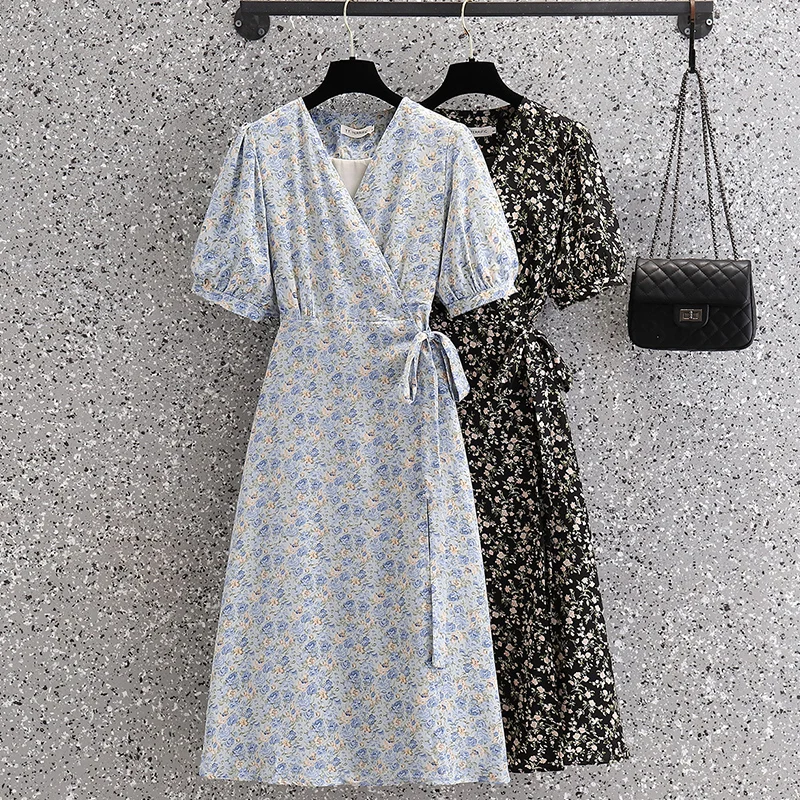 

Vintage Large Size Floral Chiffon Dress 2022 Summer New High Waist Slim Dress For Women's Clothing jp64