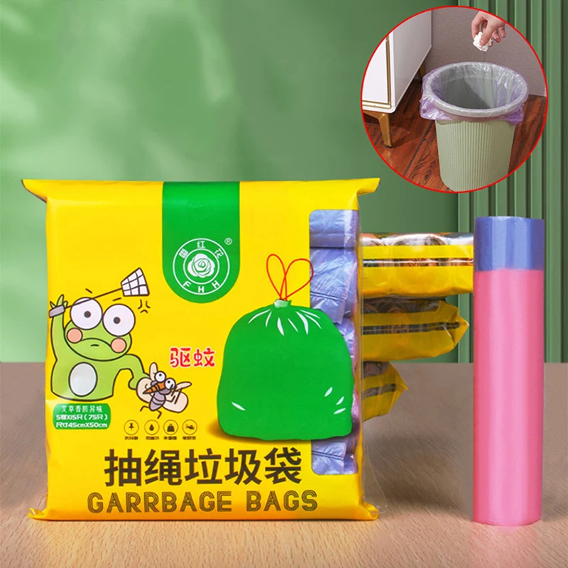 

5pcs Disposable Trash Bags Household Kitchen Garbage Bag Shorage Drawstring Handles Not Dirty Hands Plastic Storage Bags