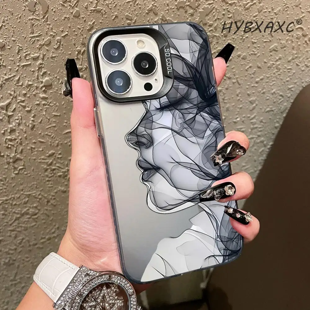 Фото Чехол для телефона HYBXAXC Black Ink Smoke с профилем женщины, серебристый, гладкий, для всех моделей iPhone, удобный захват, повседневный, эстетичный №1