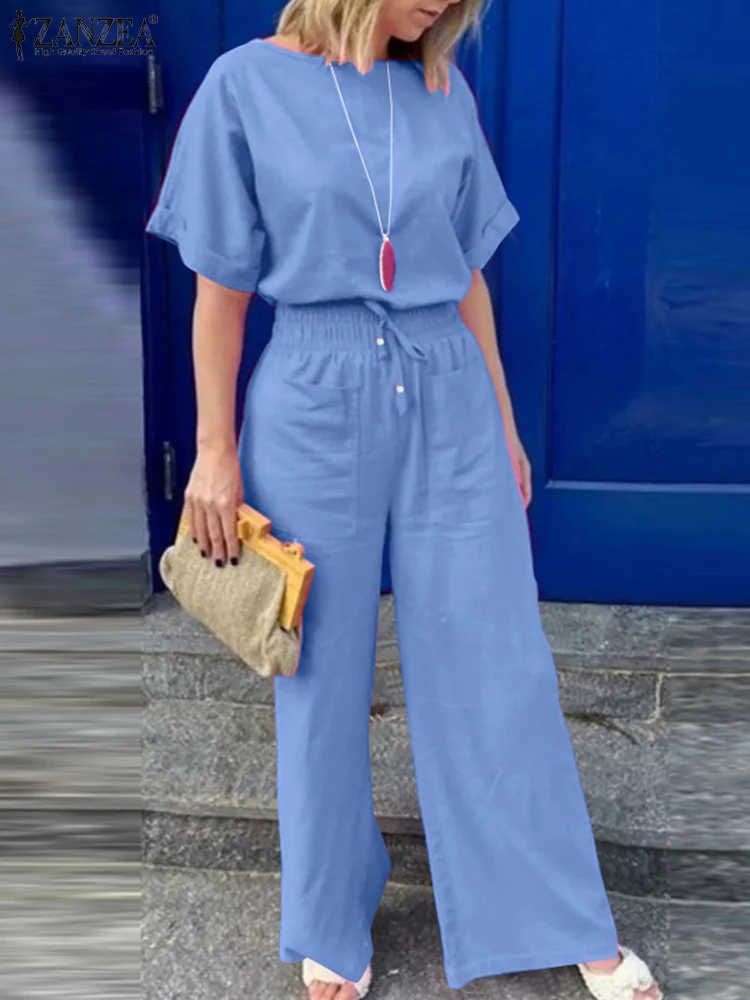 Летний костюм ZANZEA модные подходящие комплекты женская блузка брюки с широкими
