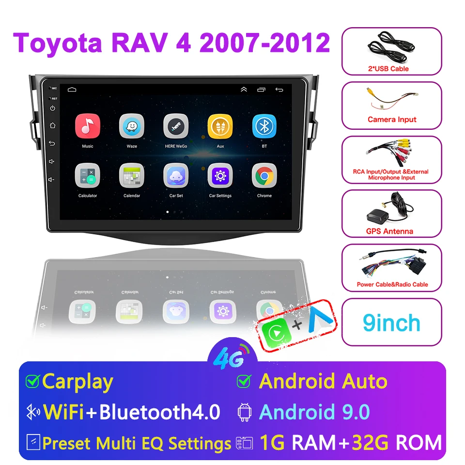 

9 дюймов для Toyota RAV 4 2007-2012 Carplay Android Радио Емкостный сенсорный экран GPS навигация Bluetooth USB плеер стерео