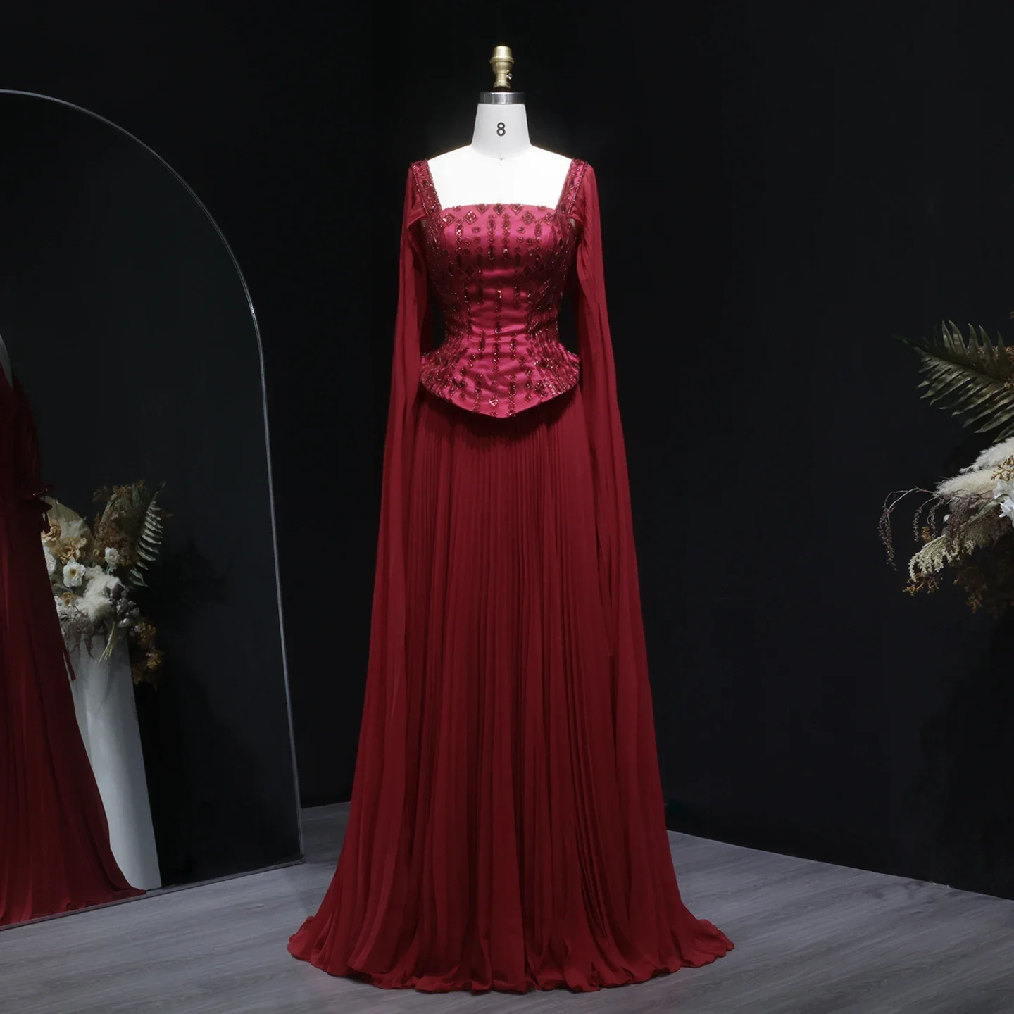 Фото Вечерние платья POD Champagne Luxury Pleats винно-красного цвета для свадебных торжеств с рукавами-накидками, официальные наряды, праздничные платья, индивидуальный пошив №3