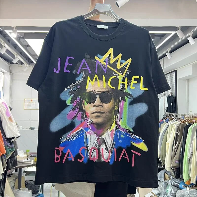 

High Street Cotton Thick Round Neck Handpainted Graffiti Letter Print T-shirt Loose Men's and Women's Casual Top Short Sleeve