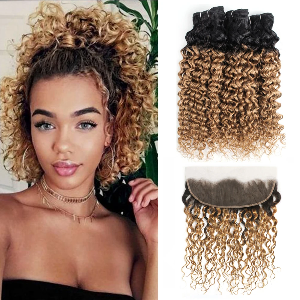 Water Wave Human Hair Bundles with Frontal Transparent 13x4 Lace Closure 1B 27 Ombre Honey Blonde Remy Hair Extensions Bobbi