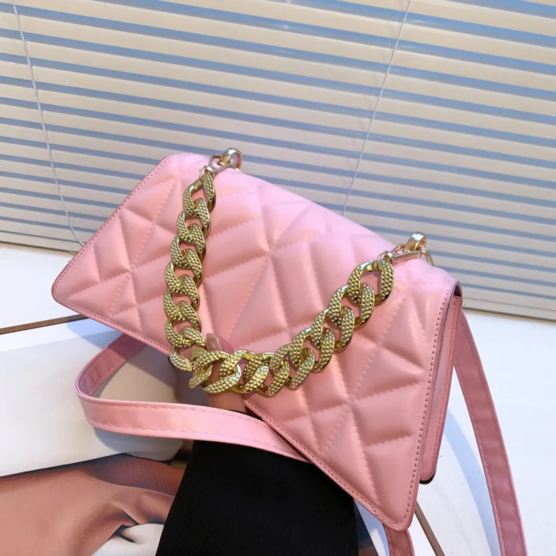 

2022 Fashion Thick Chain Crossbody Bags For Women Designer Plaid Pu Leather Shoulder Bag Ladies Handbags