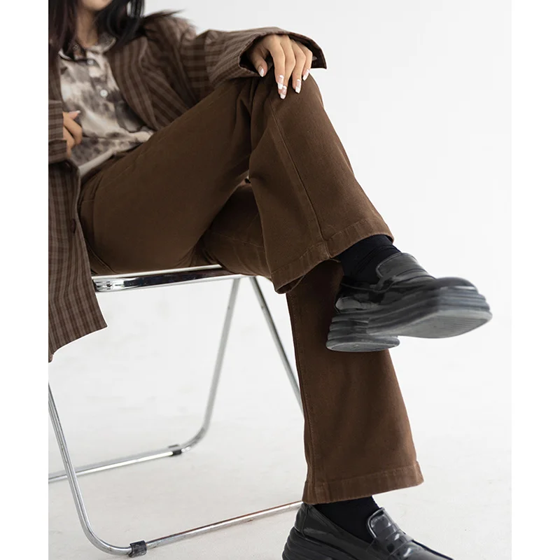 

Женские джинсы с завышенной талией, зимние кофейные шикарные коричневые зимние брюки FOREST