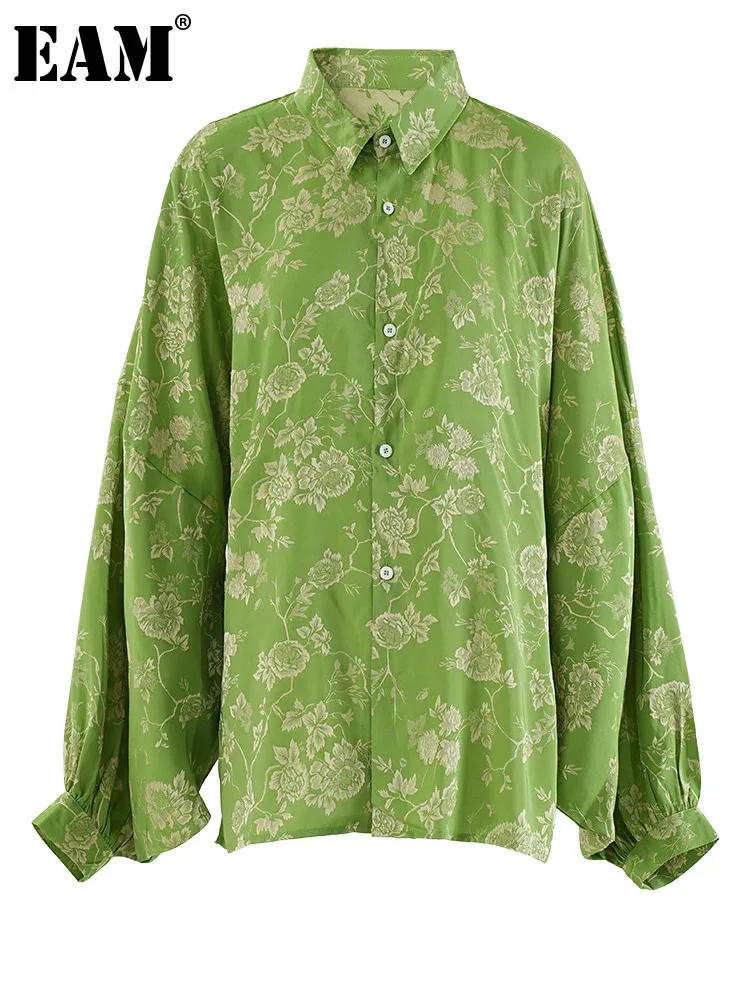 [EAM] Женская зеленая текстурированная винтажная блузка большого размера с