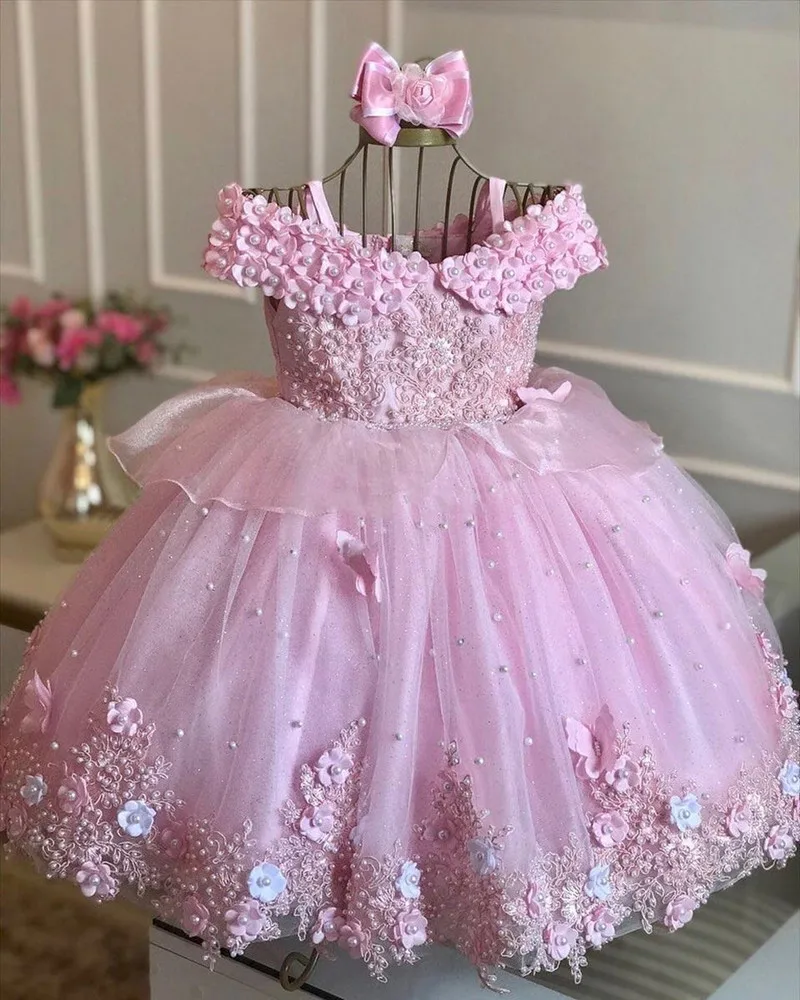 Cute Pink Baby Girl Dresses Lace Pearls 3D Butterflies Toddler Pageant Gowns Little Girl Birthday Dress First Communion