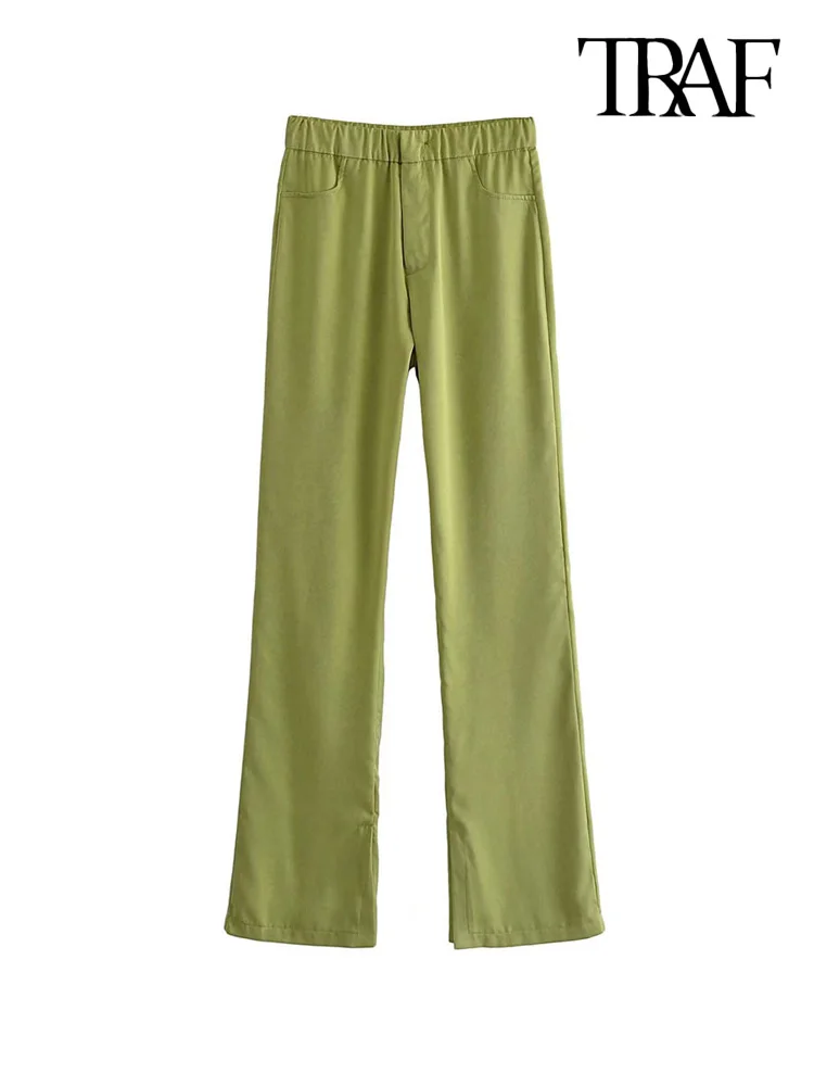 

TRAF Women Fashion With Side Vents Flared Satin Trousers Vintage High Waist Zipper Fly Female Pants Mujer