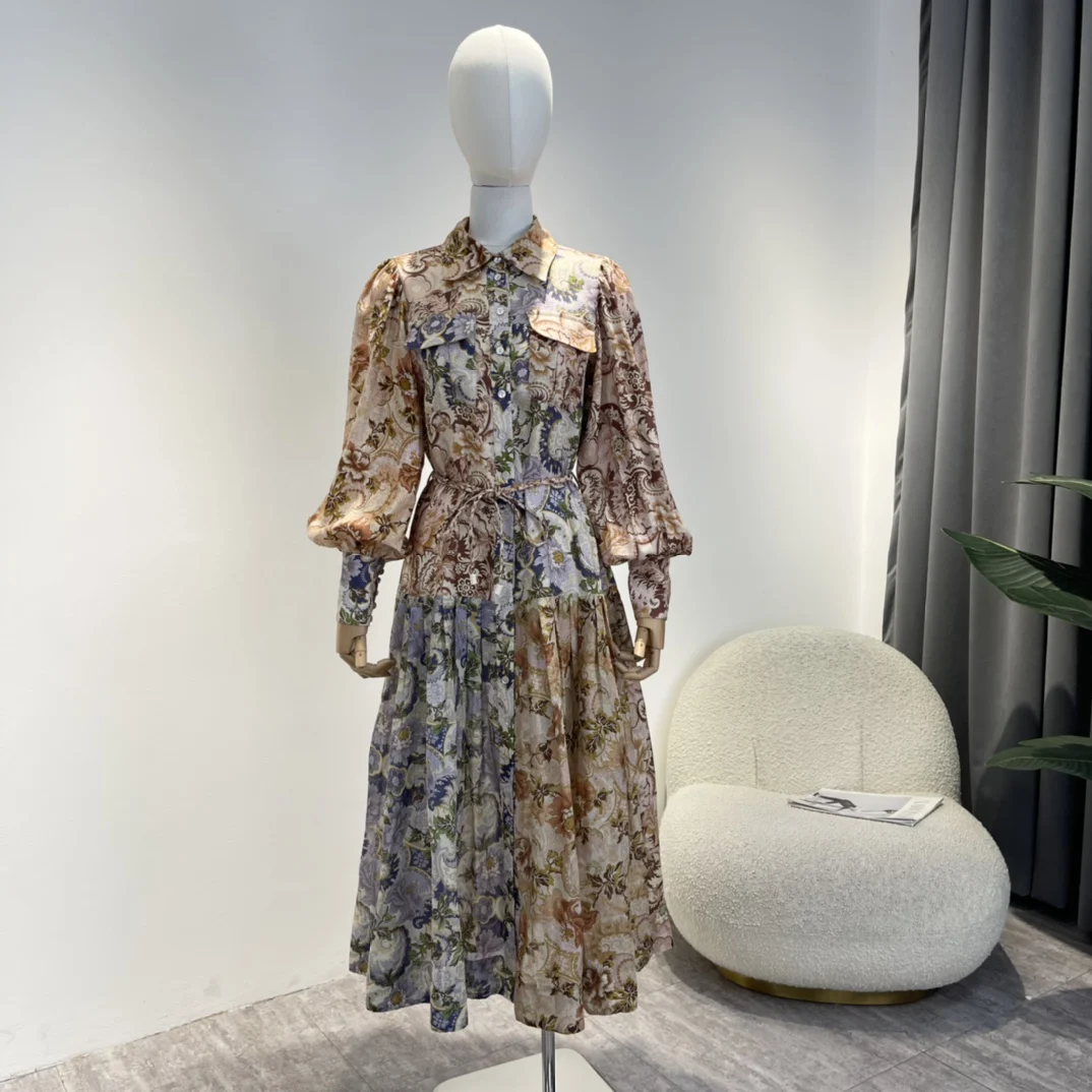 

2022 Hot Sales Ladies Elegant Paisley Print Lantern Sleeve Loose Linen Turndown Collar Lace Up Stitching Color Dress