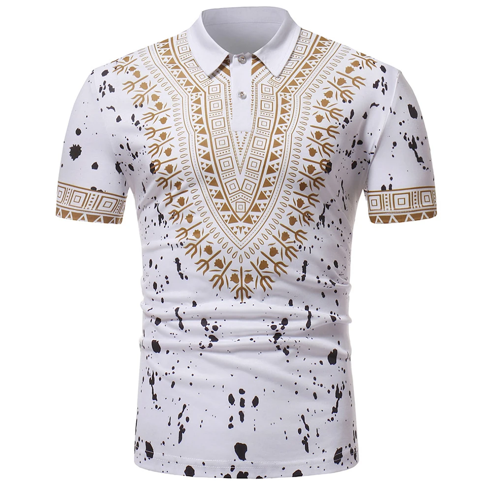

2023 Summer Splatter Paint African Dashiki Print Polo Shirt Short Sleeves Cotton Men's Slim Fit Tops Dot Spot Boho Fashion