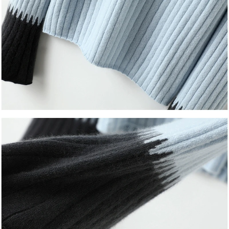 Женский свитер с высоким воротом синий контрастный цвет длинный