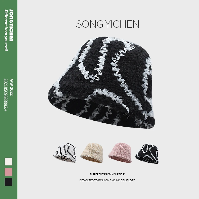 

Korean Designer Bucket Hat Irregular Lace Striped Lamb Wool Fisherman's Cap for Women Winter Warm Fashionable Plush Basin Caps