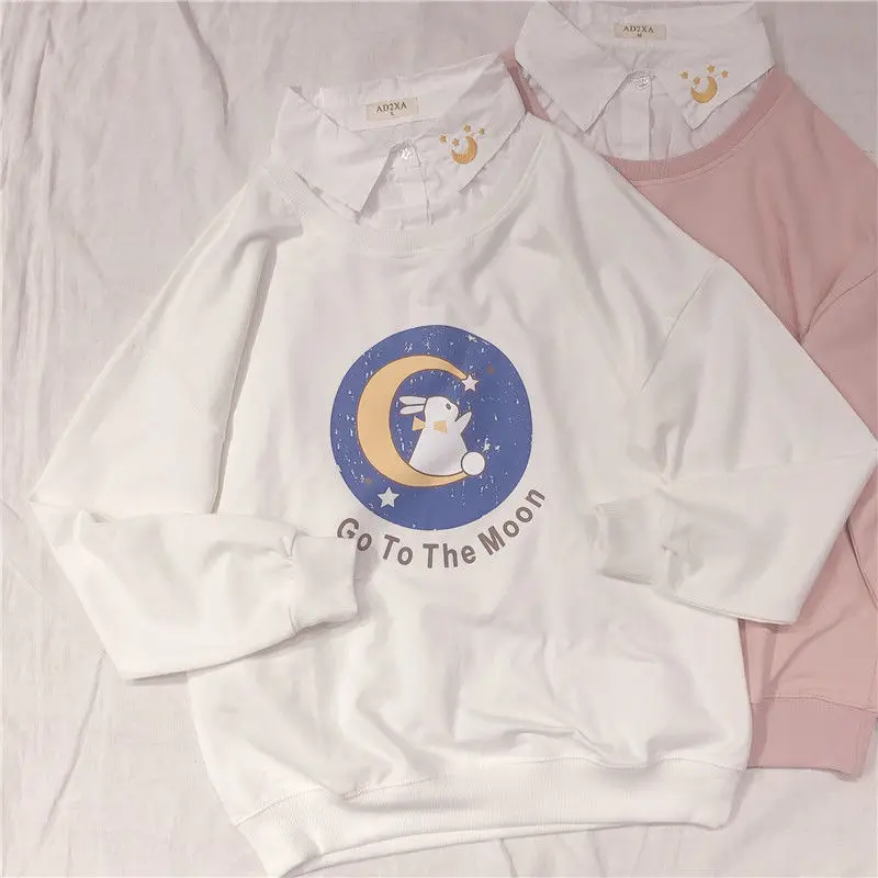 

Women Fake Two Pieces Sweatshirt 2021 Fall Korean Cartoon Letters Printed Hoodies All-MAtch New Sweet Pink Pullover Women Tops