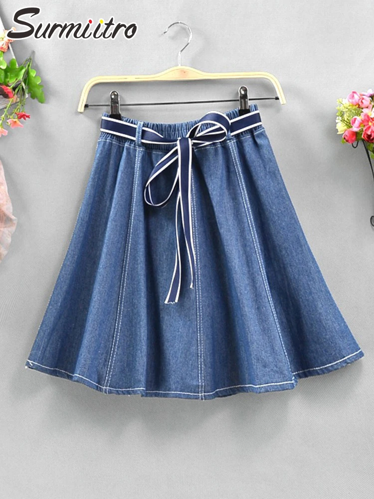 

SURMIITRO 2022 Summer Korean Fashion Blue Mini Pleated Denim Skirt Women High Waist A Line Short Skirt Female With Lace Up Belt