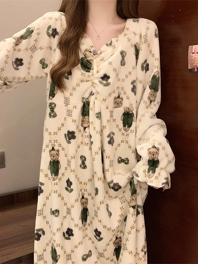 Nightdress Women Autumn and Winter With Chest Pad Coral Fleece Fleece-lined Thickened Cartoon Cute Flannel Pajamas Hom...