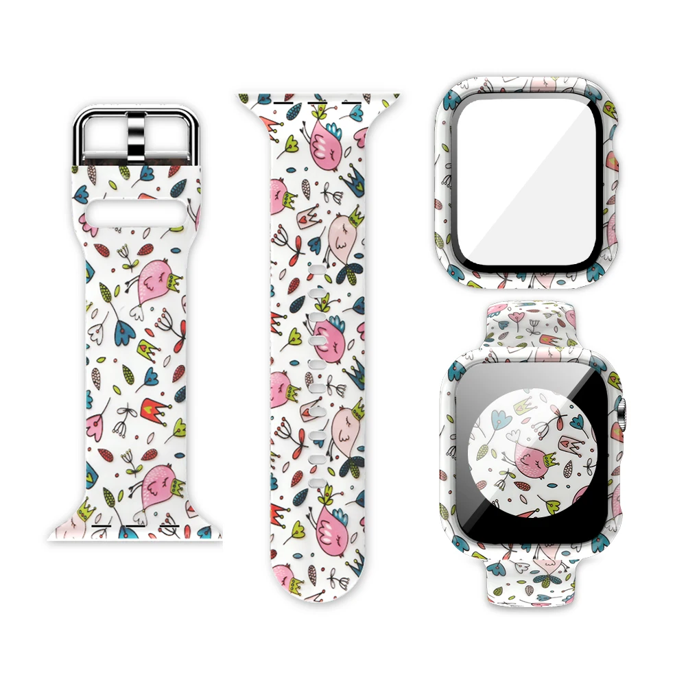 Box+Glass+Case+Strap For Apple Watch band 41mm 45mm 40mm 44mm Printed watchband Silicone correa bracelet iWatch 7 6 5 4 se Strap